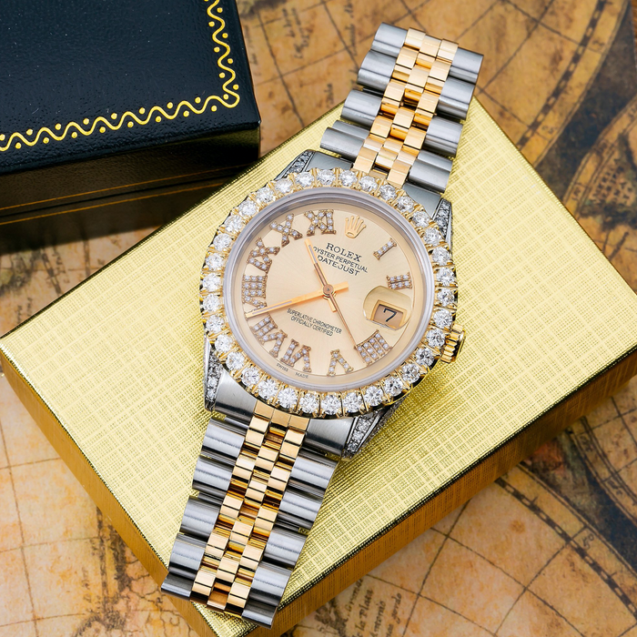 ROLEX DATEJUST 1601 36MM CHAMPAGNE DIAMOND DIAL WITH TWO TONE BRACELET